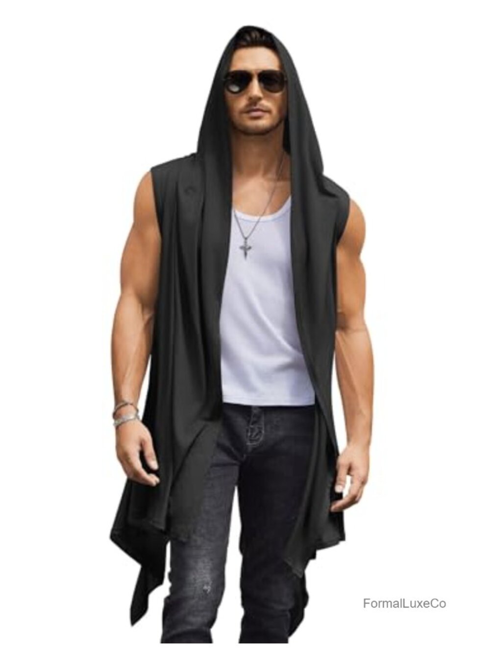 Sleeveless Hooded Ruffle Shawl Cardigan Open Front Drape Kimono Vest